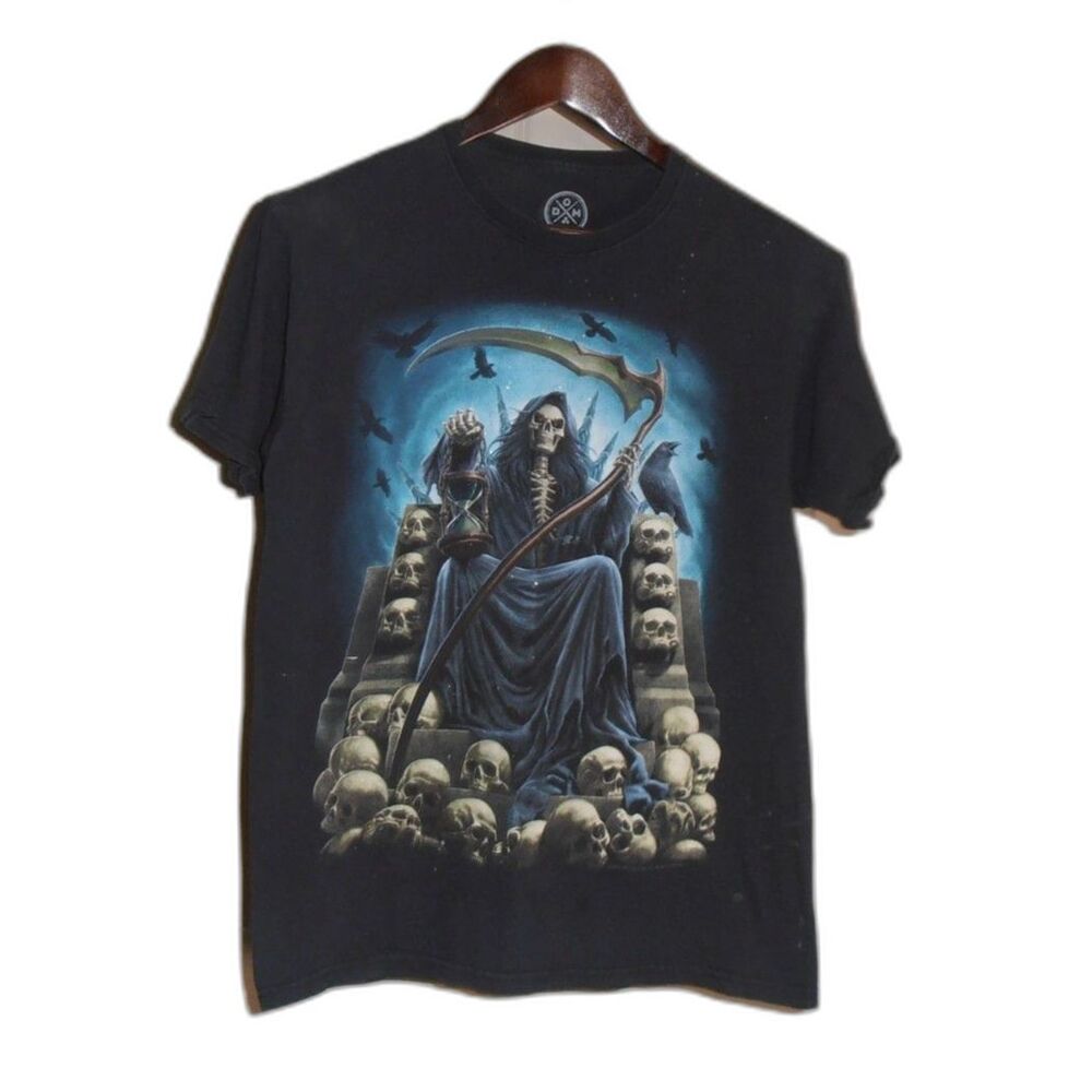 🟢 ODM Grim Reaper Throne Graphic Tee Shirt Size M Black Gothic Skulls